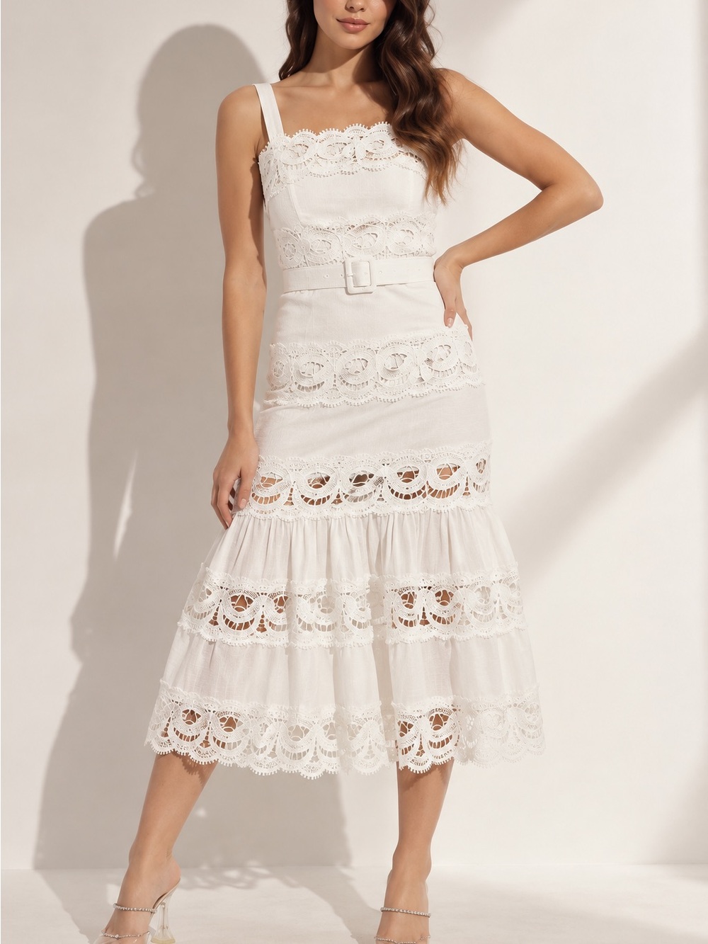 Textured White Lace Midi Dress with Belt